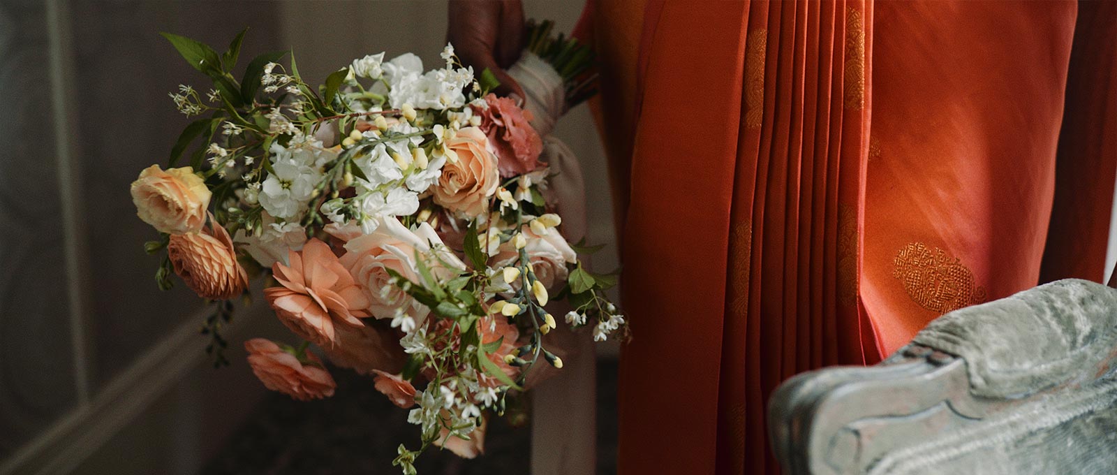 Close up of a rustic bridal bouquet.