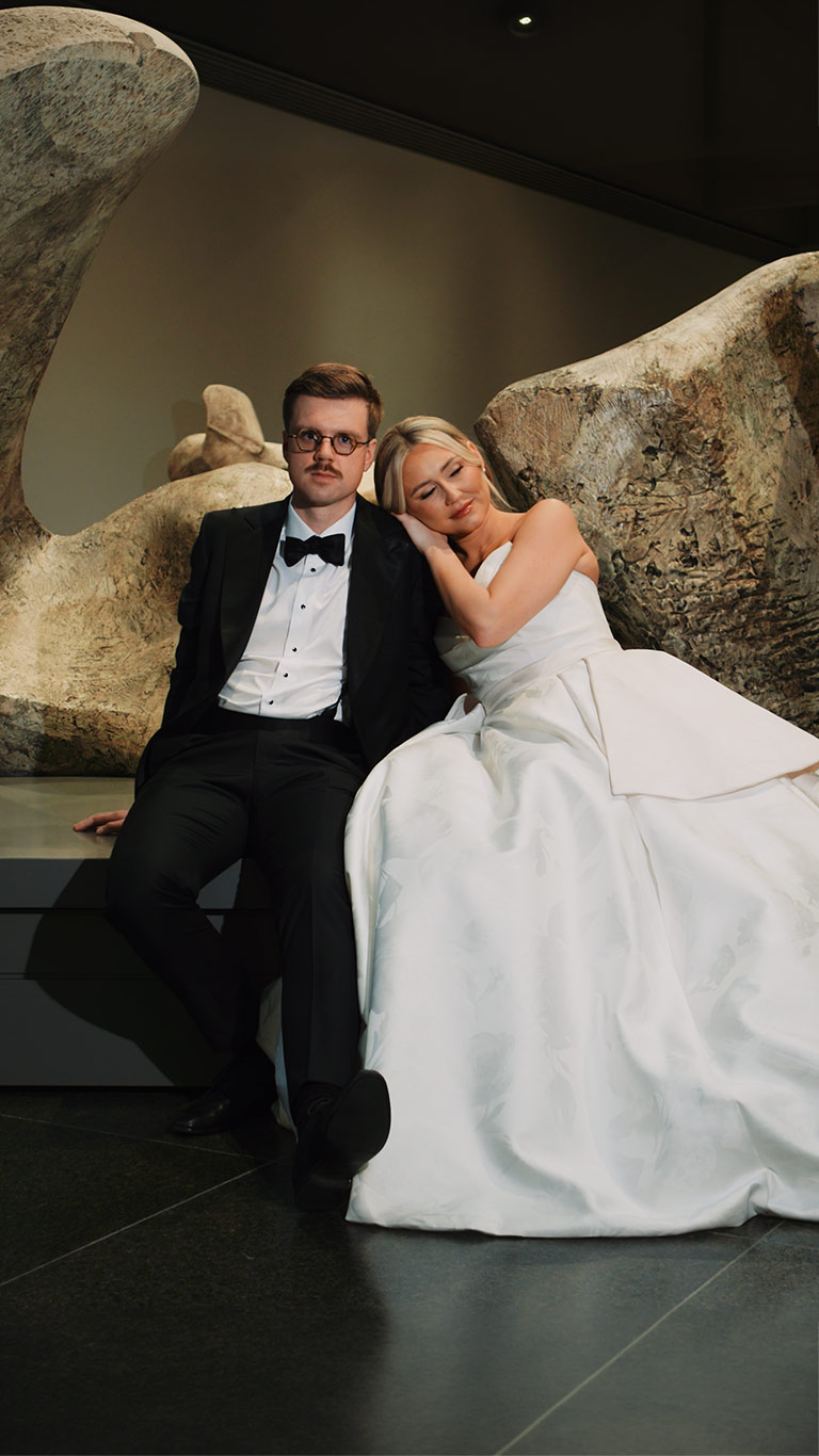 Ashley and Peter in the gallery at their AGO wedding